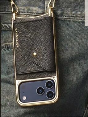 Bandolier Black Leather Crossbody Phone Case with Gold Trim